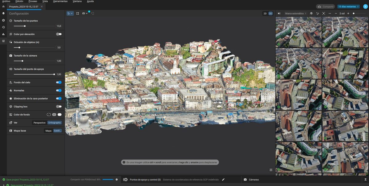 Modelo 3D y nube de puntos de un área urbana en software de fotogrametría